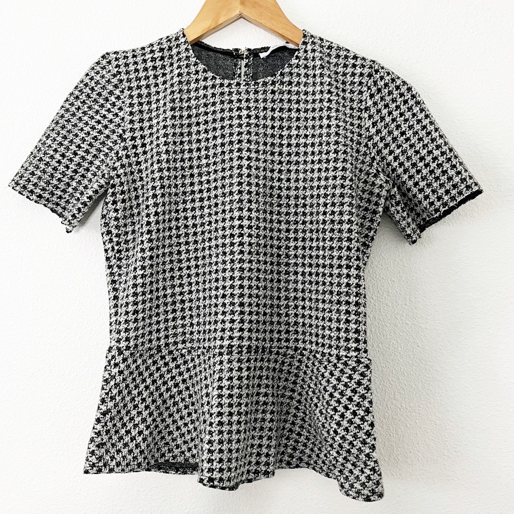 Zara Black White Houndstooth Short Sleeve Peplum Blouse